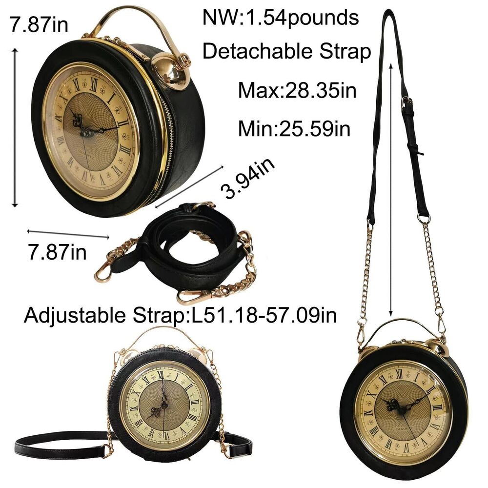 5811 PVC Clock Shaped Handbag Crossbody Shoulder Bag Clock Purse, Black - Picture 4 of 7